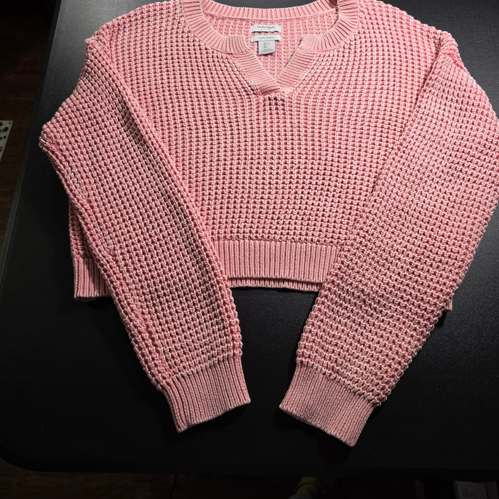 Haute Hippie Style Pink Waffle Knit Cropped Sweater 100% Cotton Large